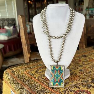 Beaded Statement Pendant Necklace with Multicolor Geometric Tile